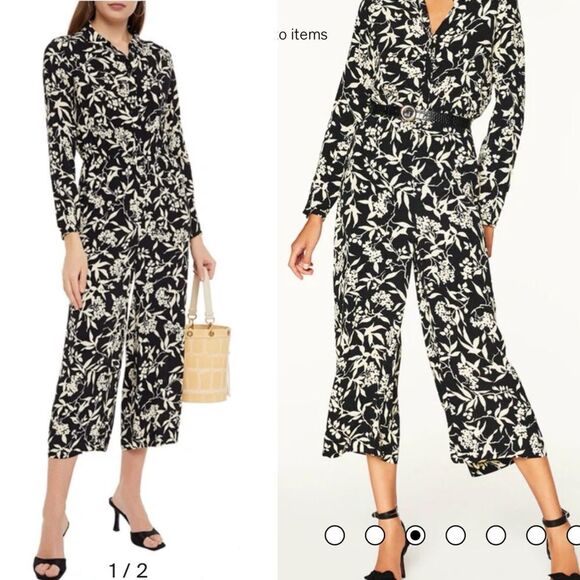 BA&SH Chic Black White Floral Print Wide Leg Cropped Jumpsuit Long Sleeve Boho S - Picture 1 of 16